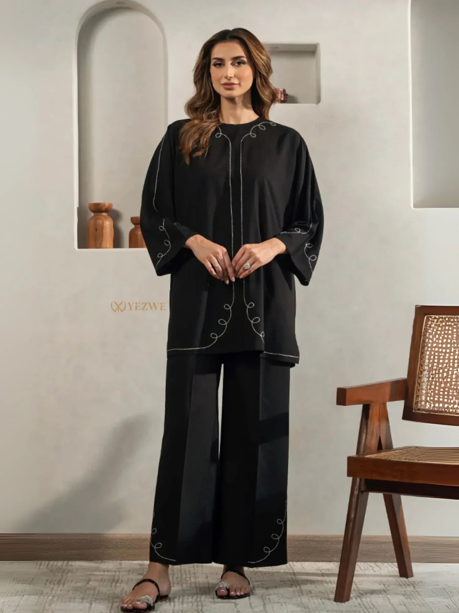 Yezwe black tunic with bottom Co-Ord Set featuring white embroidery and wide-leg pants