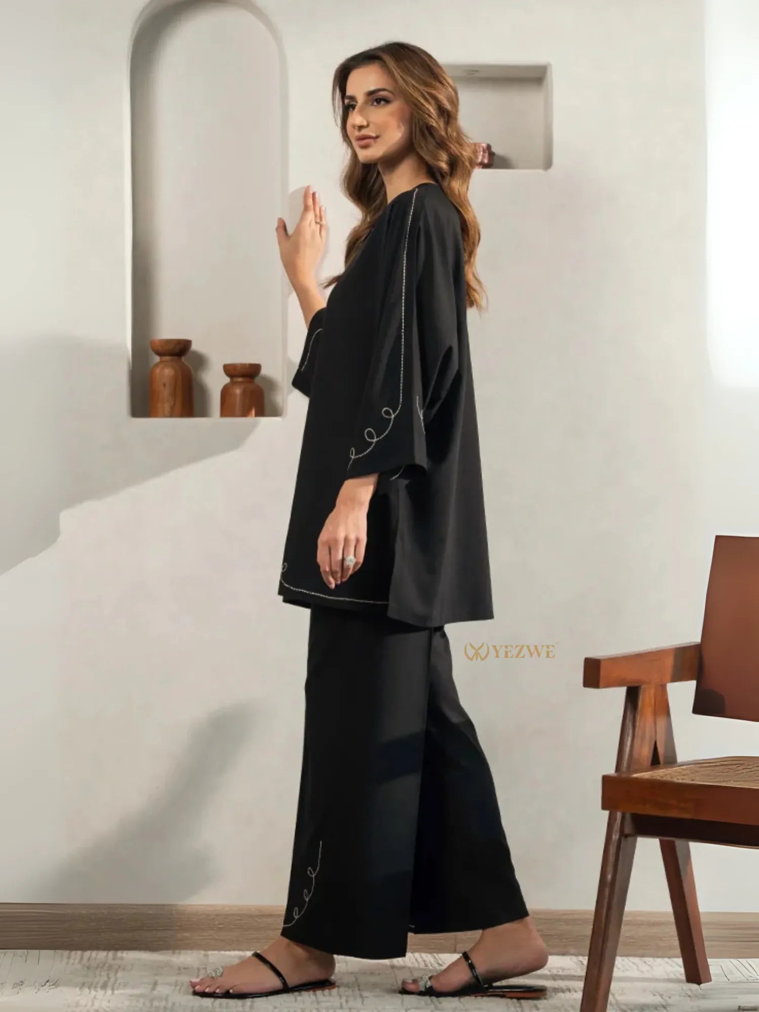 Yezwe black tunic with bottom Co-Ord Set featuring wide sleeves and loose fit for comfortable wear