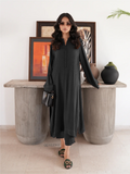 YEZWE black Co-Ord Set featuring a long buttoned tunic and matching pants styled with sunglasses and a black handbag