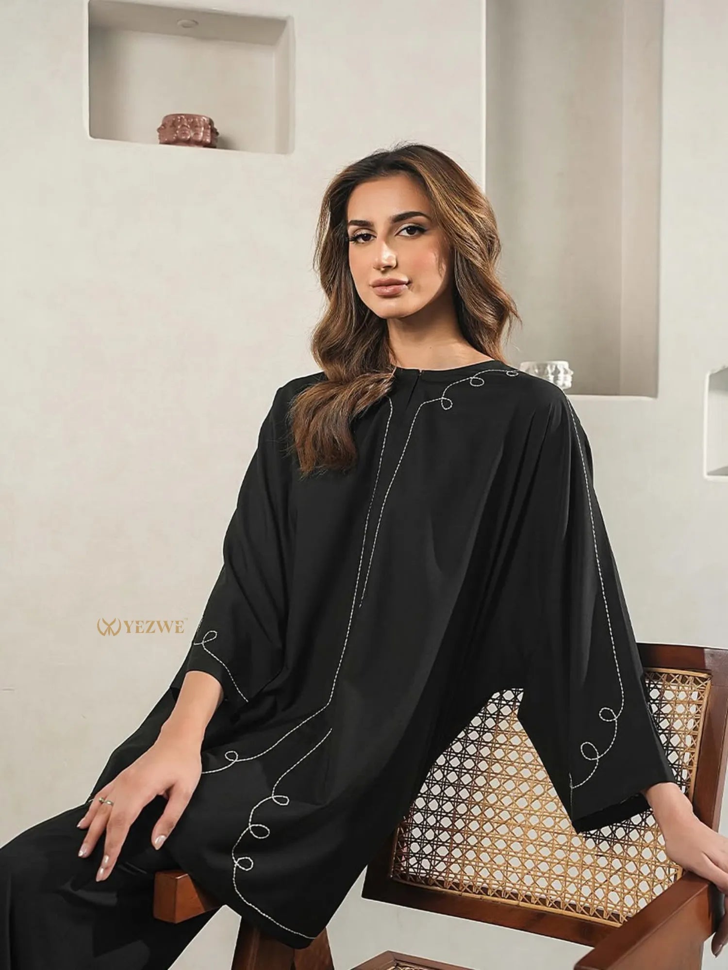 Yezwe black tunic with bottom Co-Ord Set featuring white stitched swirl design on sleeves and hem