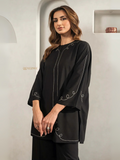 Yezwe black tunic with bottom Co-Ord Set featuring white stitching details on sleeves and front
