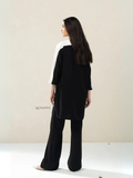 YEZWE black and white tunic with bottom Co-Ord Set shown from back on model