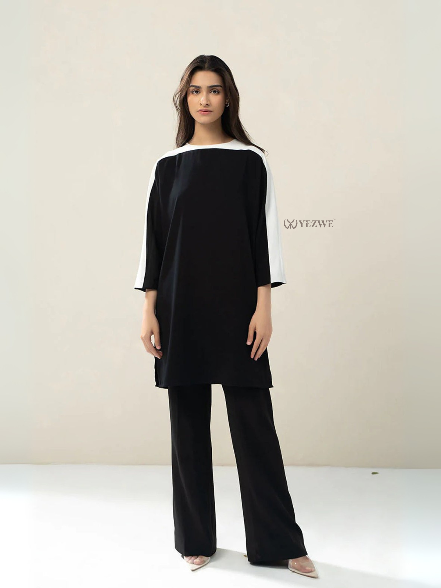 YEZWE black and white tunic with bottom Co-Ord Set featuring long sleeves and straight pants