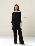 YEZWE black and white tunic with bottom Co-Ord Set featuring long sleeves and straight pants