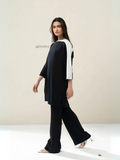 YEZWE black and white tunic with bottom Co-Ord Set featuring a loose fit and long sleeves