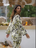Yezwe tunic with bottom Co-Ord Set featuring white fabric with green and black floral patterns