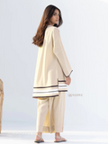 Yezwe beige tunic with bottom co-ord set featuring black stripe details and relaxed fit