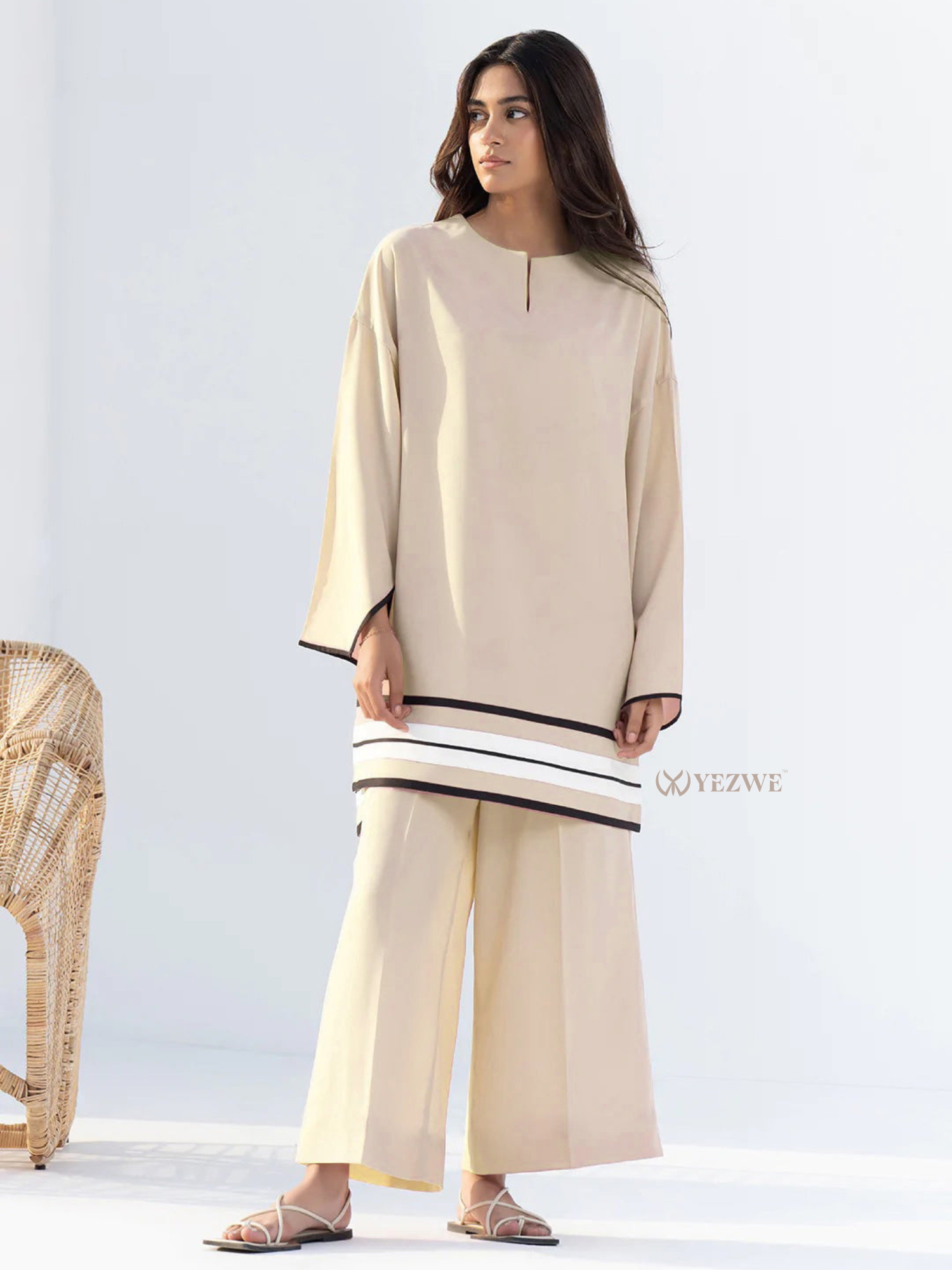 Yezwe beige tunic with bottom Co-ord Set featuring wide-leg pants and striped hem tunic