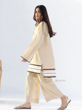 Yezwe beige tunic with bottom co-ord set featuring striped detailing on sleeves and hem