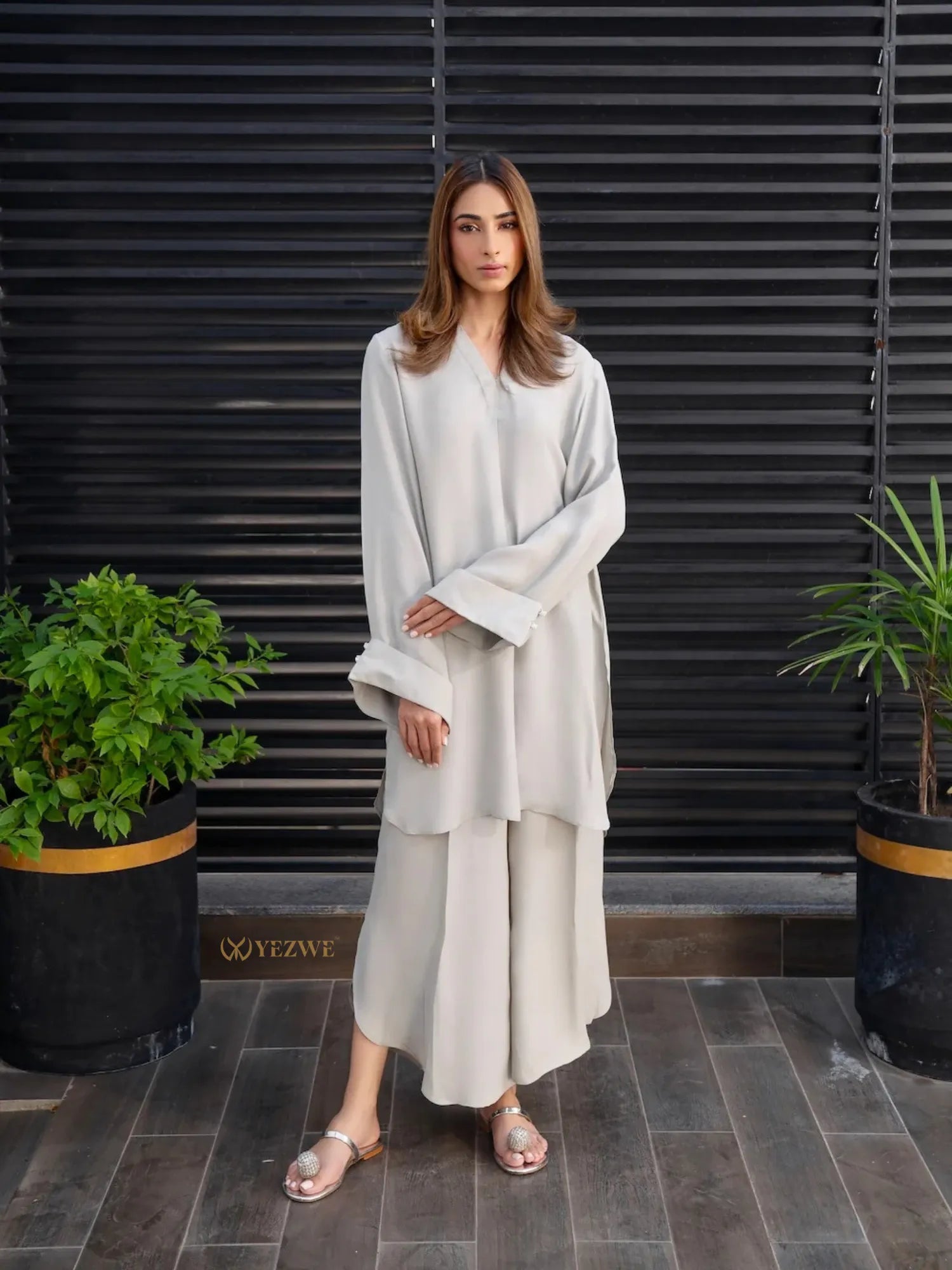 YEZWE light gray loose fit Co-Ord Set with long sleeves and wide leg pants worn by female model