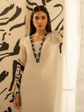 YEZWE beige tunic Co-Ord Set for Women with embellished V neckline and floral printed sleeve cuffs