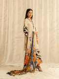 YEZWE Co-Ord Set for Women cream kurta with black brushprint printed trousers and vibrant orange blue floral dupatta