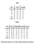 YEZWE Co-Ord Set for Women size chart showing top chest length and pant hips thighs bottom measurements