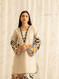 YEZWE Co-Ord Set for Women beige tunic with floral trim V neckline and matching printed pants
