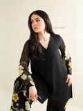 Yezwe black tunic with floral print bottom Co-Ord Set featuring sheer sleeves and button front