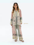 YEZWE pink and cream patterned co-ord set with long sleeves and wide-leg pants