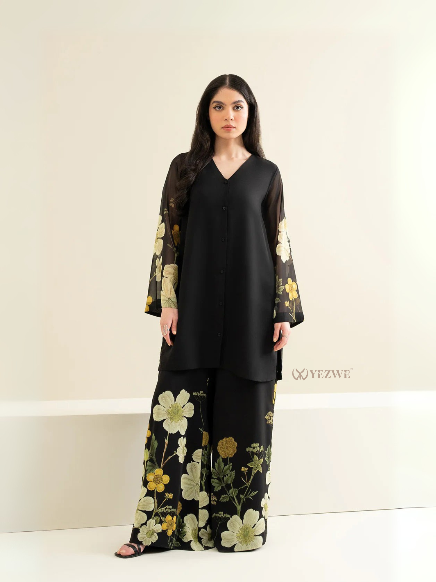 Black floral tunic with matching bottom Co-Ord Set by Yezwe featuring sheer sleeves and wide-leg pants