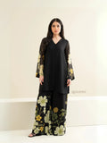 Black floral tunic with matching bottom Co-Ord Set by Yezwe featuring sheer sleeves and wide-leg pants