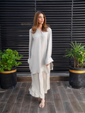 YEZWE beige Co-Ord Set featuring a long sleeve tunic and wide-leg pants for a stylish look