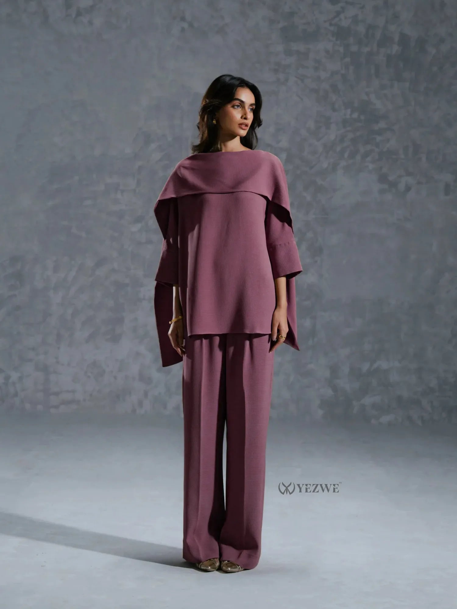 YEZWE mauve two-piece Co-Ord Set with wide-leg pants and a loose, draped top