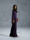 YEZWE purple Co-Ord Set with loose fitting top and wide-leg pants styled with sandals and a clutch