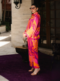 YEZWE vibrant pink and orange Co-Ord Set tunic with bottom featuring bold tropical print and relaxed fit