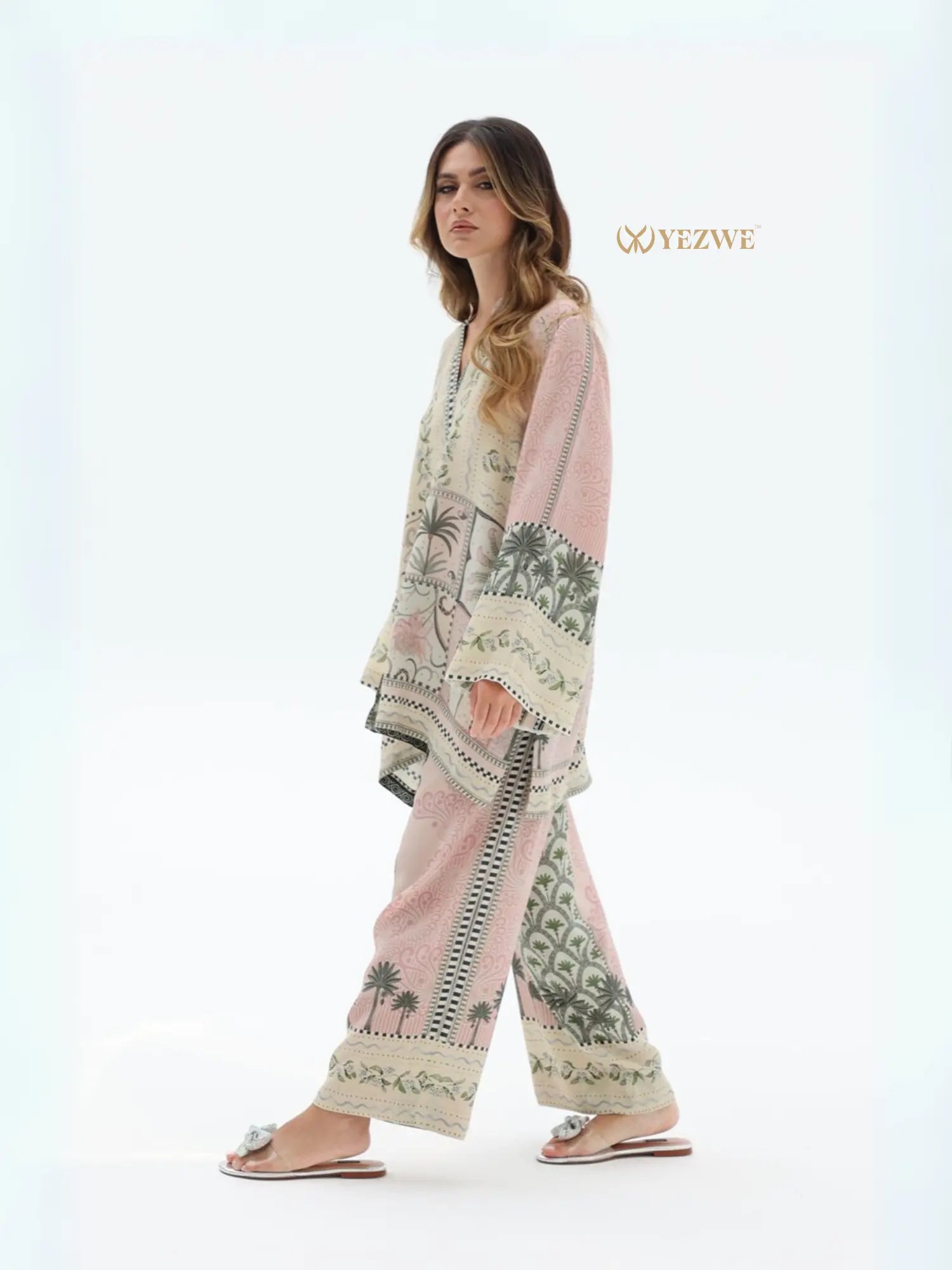 YEZWE Co-Ord Set with pink and green palm tree print featuring loose top and wide-leg pants