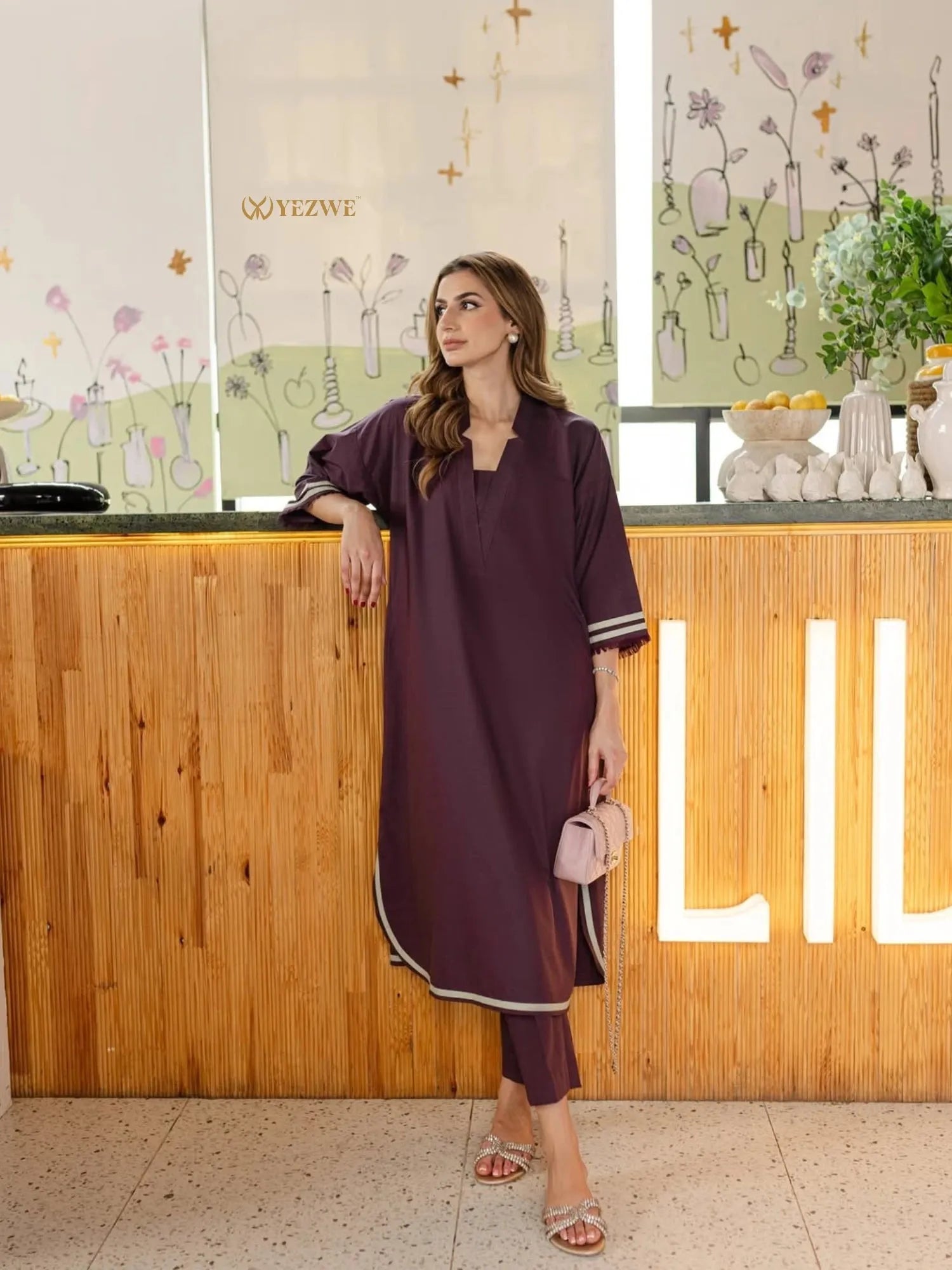 YEZWE purple Co-Ord Set with long tunic and matching pants modeled indoors