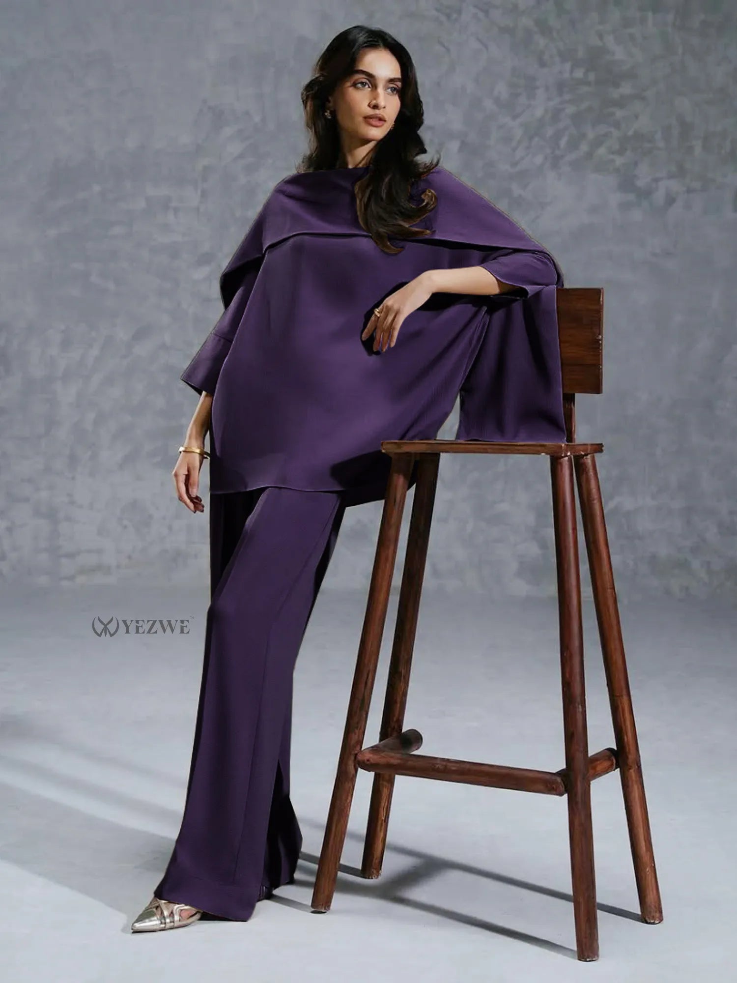 YEZWE purple stylish Co-Ord Set with loose top and wide-leg pants for elegant casual wear