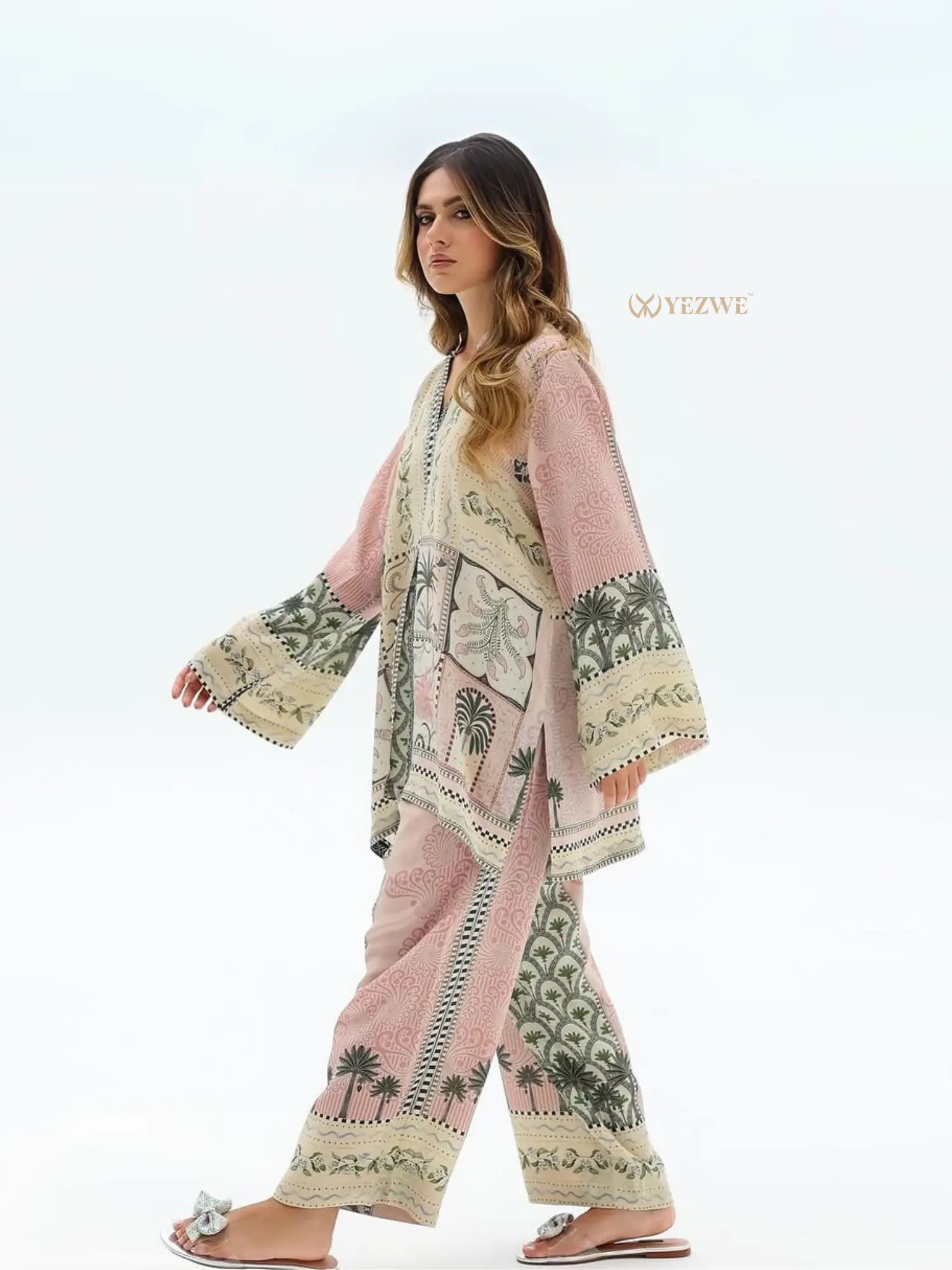 YEZWE pink and green patterned Co-Ord Set with wide sleeves and relaxed fit pants for comfortable stylish wear