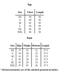 Size chart for YEZWE Co-Ord Set tunic with bottom showing chest, hips, thighs, and length measurements in inches