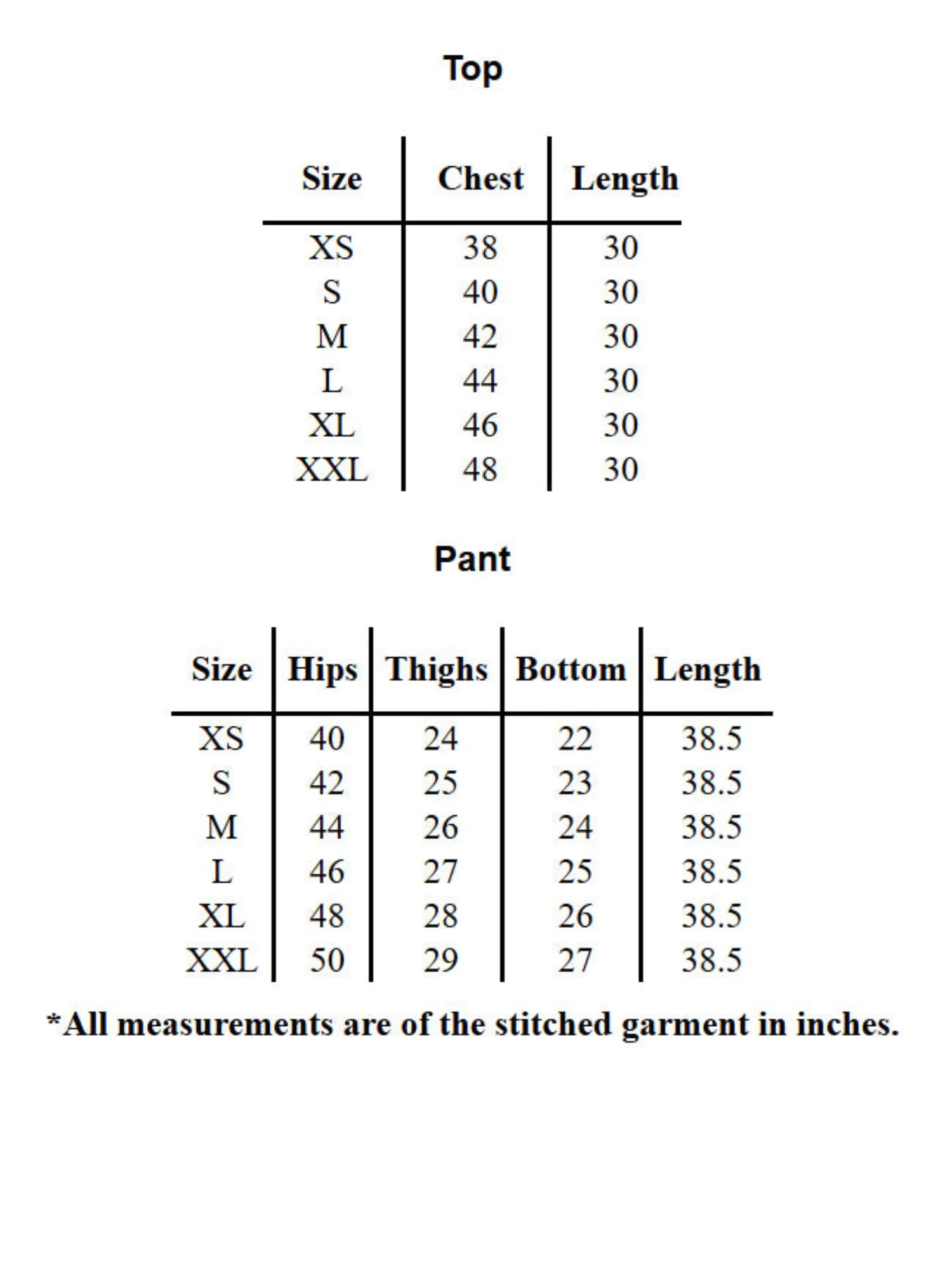Size chart for Yezwe Tunic with Bottom Co-Ord Set showing measurements for chest, hips, thighs, and length in inches