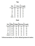 Measurement size chart for YEZWE tunic with bottom Co-Ord Set showing chest, length, hips, thighs, and pant dimensions