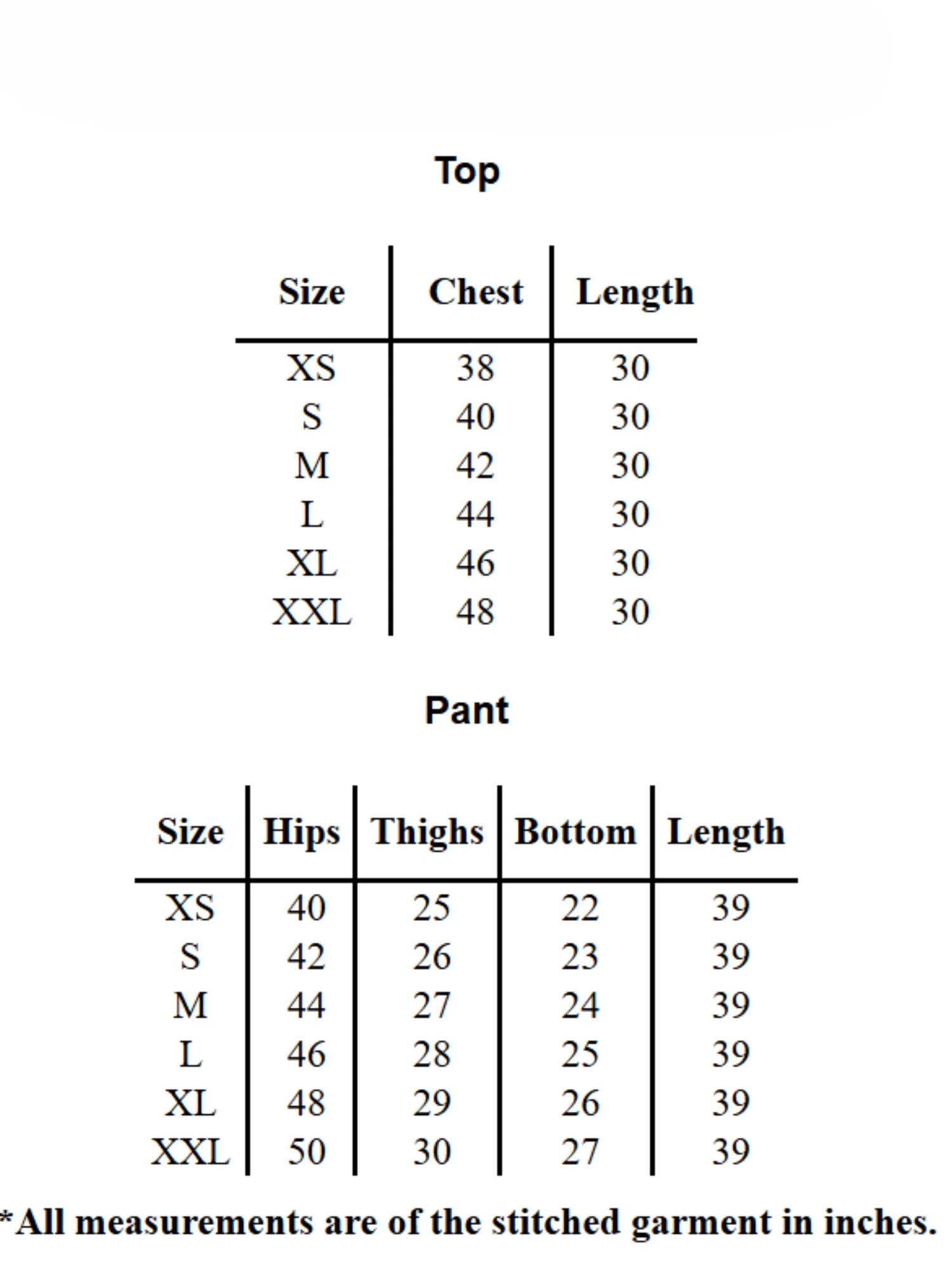 Size chart for YEZWE Co-Ord Set showing measurements for top and pant in XS to XXL sizes