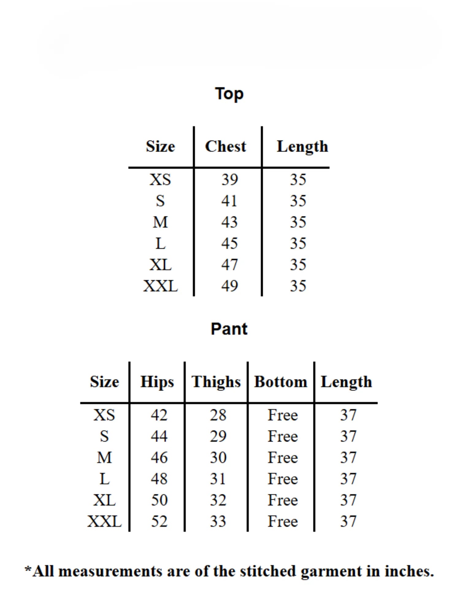 Size chart for YEZWE Co-Ord Set showing top and pant measurements in inches for XS to XXL sizes