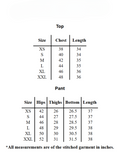YEZWE Co-Ord Set size chart showing top and pant measurements in chest, hips, length, thighs, and bottom for XS to XXL