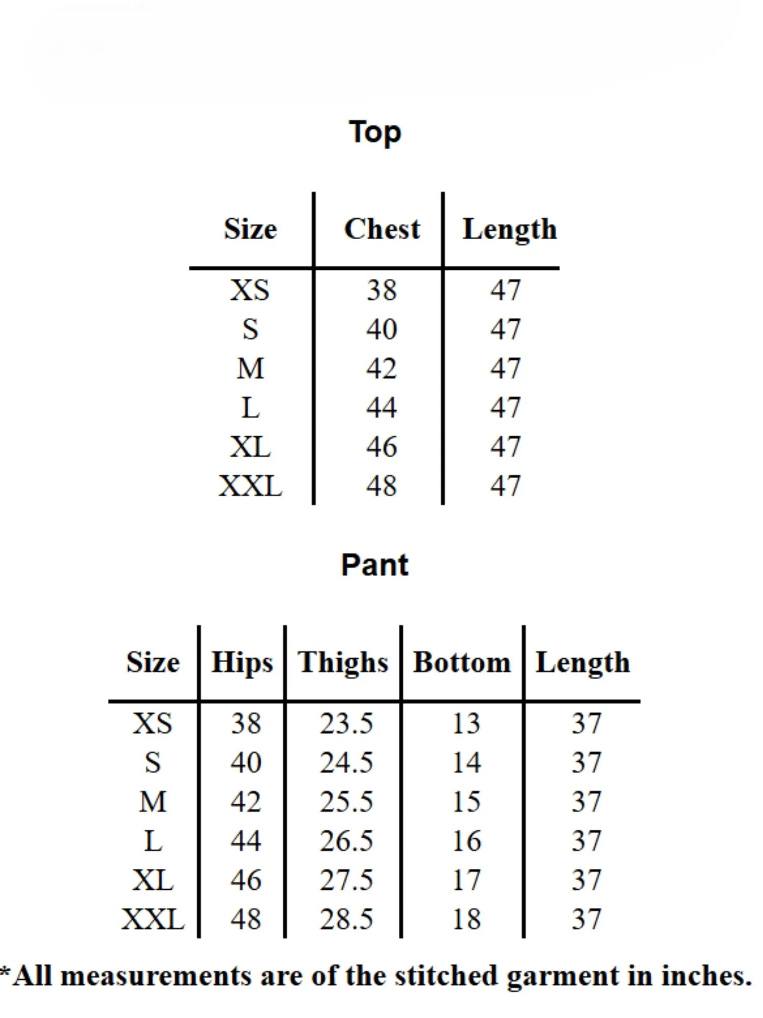 YEZWE Co-Ord Set size chart with measurements for chest, length, hips, thighs, bottom, and pant length in inches