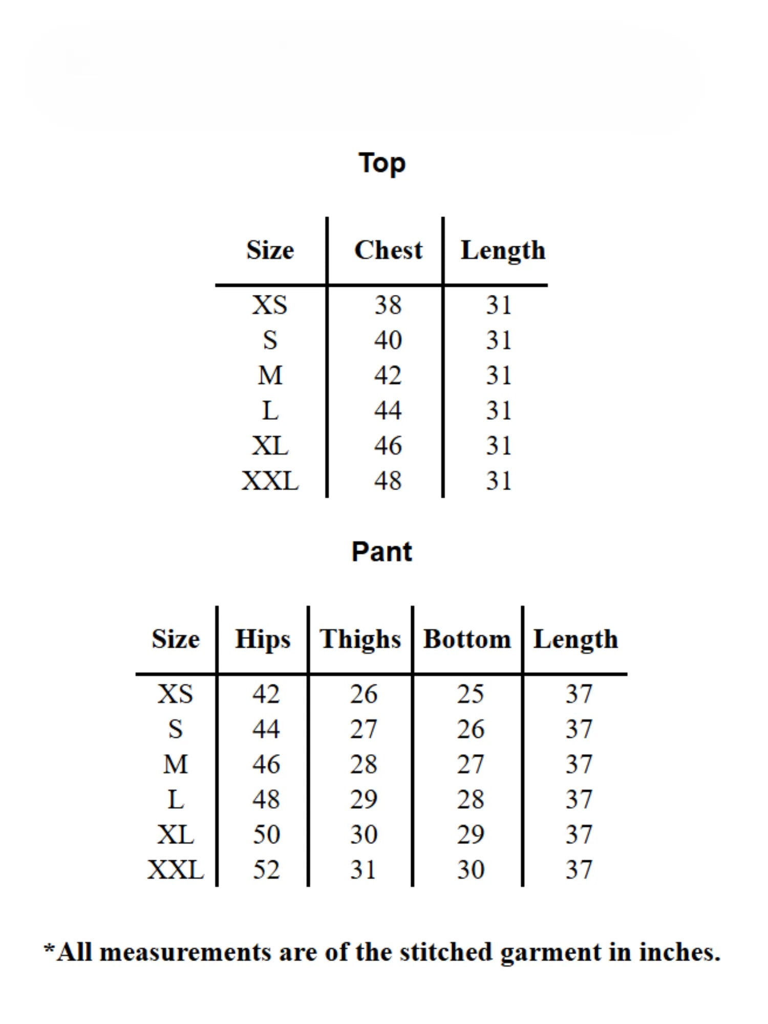 YEZWE Co-Ord Set size chart showing top and pant measurements in inches for XS to XXL sizes