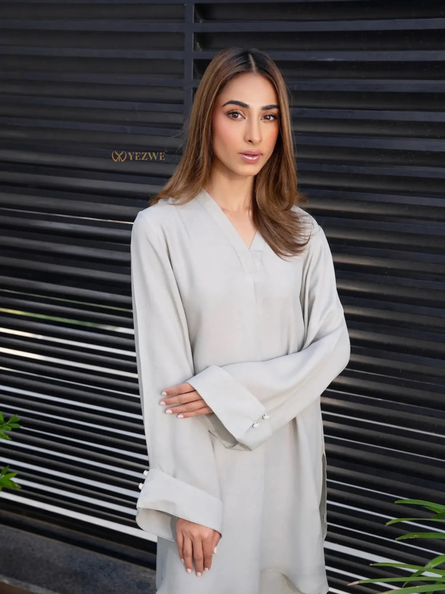 YEZWE Co-Ord Set light gray long sleeve top with relaxed fit worn by model