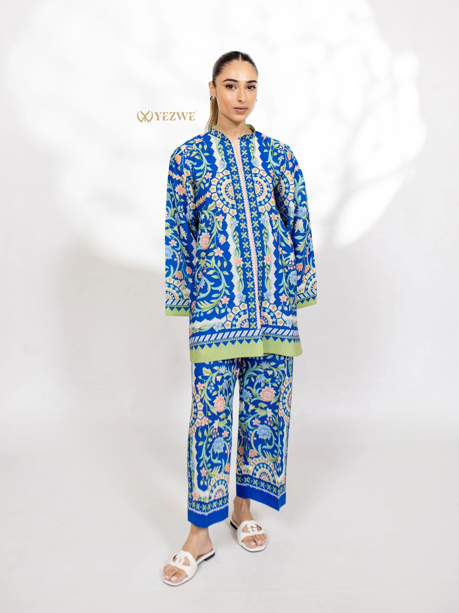 YEZWE blue floral patterned Co Ord Set with long sleeve top and matching wide-leg pants