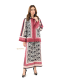 YEZWE Co-Ord Set featuring a black and white floral print with pink and white striped accents on a long sleeve top and matching wide-leg pants