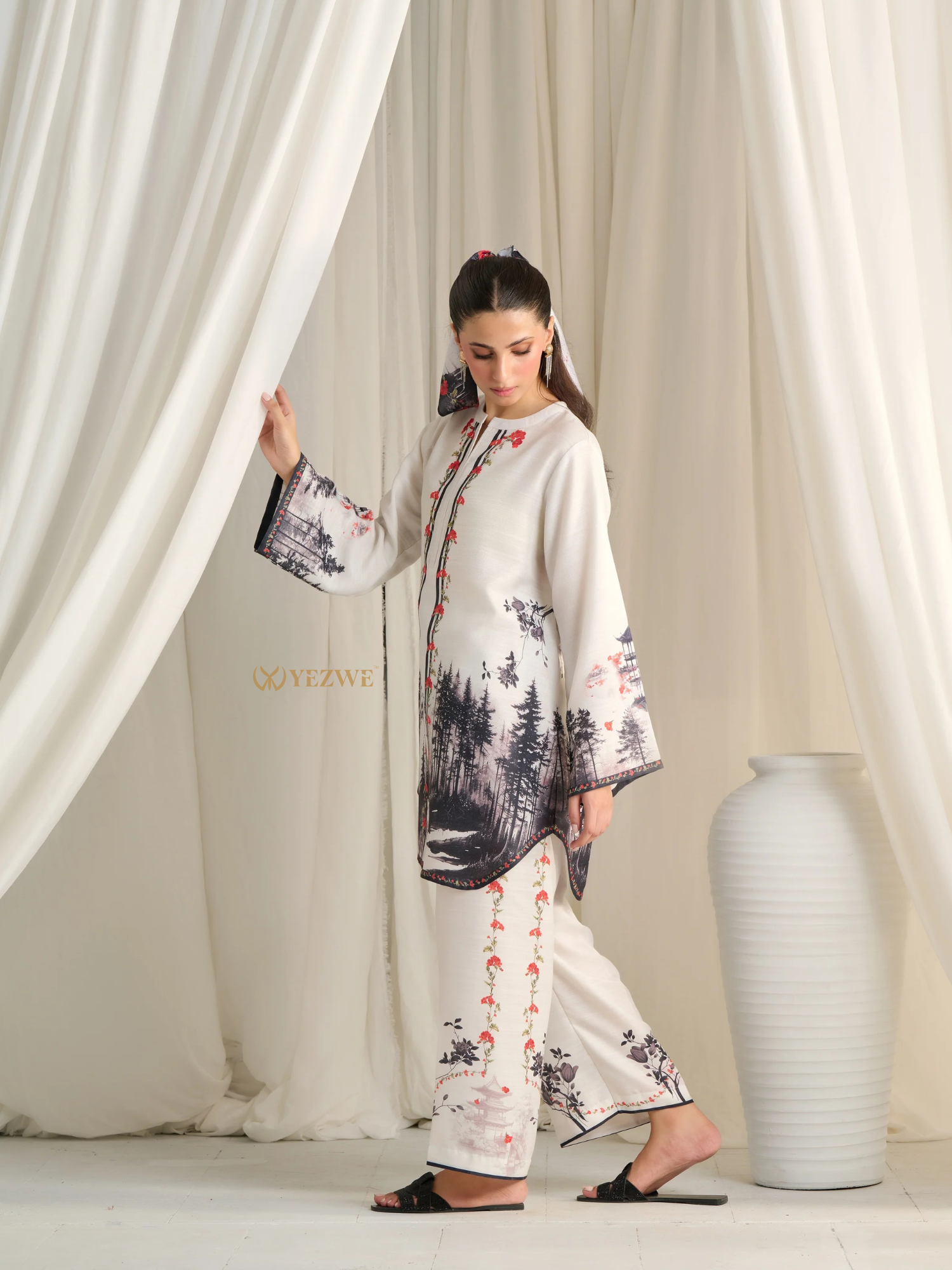 YEZWE elegant white Co Ord Set with black and red floral and tree prints featuring wide sleeves and matching pants