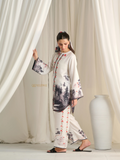 YEZWE elegant white Co Ord Set with black and red floral and tree prints featuring wide sleeves and matching pants
