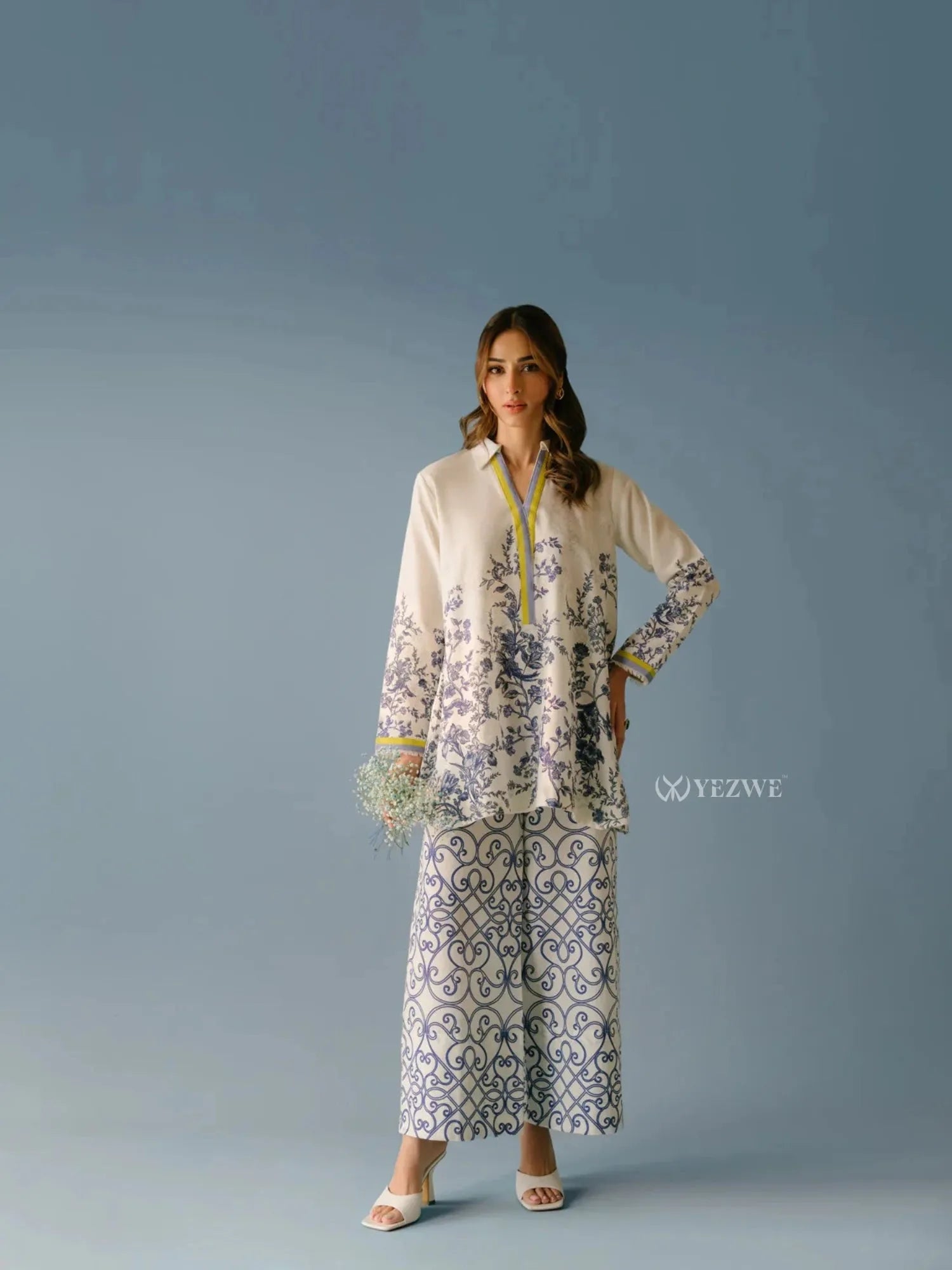 Yezwe Co-Ord Set featuring floral patterns with a stylish long tunic and wide-leg pants