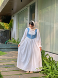 YEZWE Coquette Modest Maxi Dress featuring a blue bodice and white flowing skirt, perfect for elegant occasions