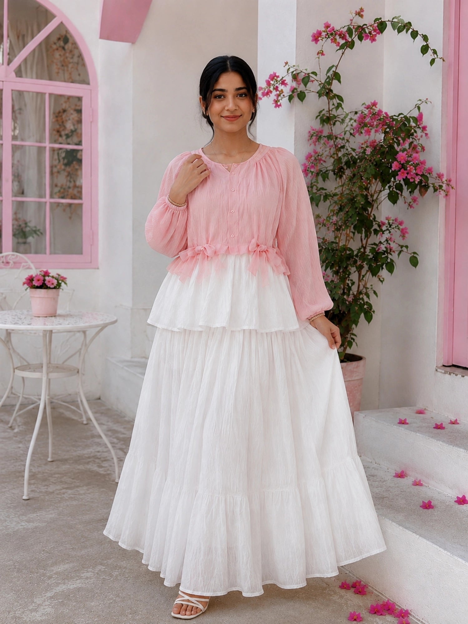 Yezwe Coral Crush Pink & White Pinterest-Inspired Skirt & Top Set with layered design and floral accents