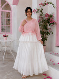 Yezwe Coral Crush Pink & White Pinterest-Inspired Skirt & Top Set with layered design and floral accents