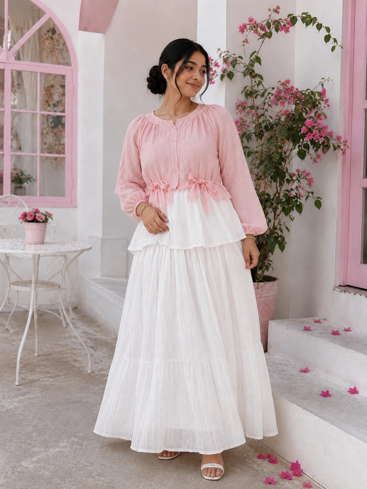 Yezwe Coral Crush Pink & White Pinterest-Inspired Skirt & Top Set featuring a tiered skirt and layered top