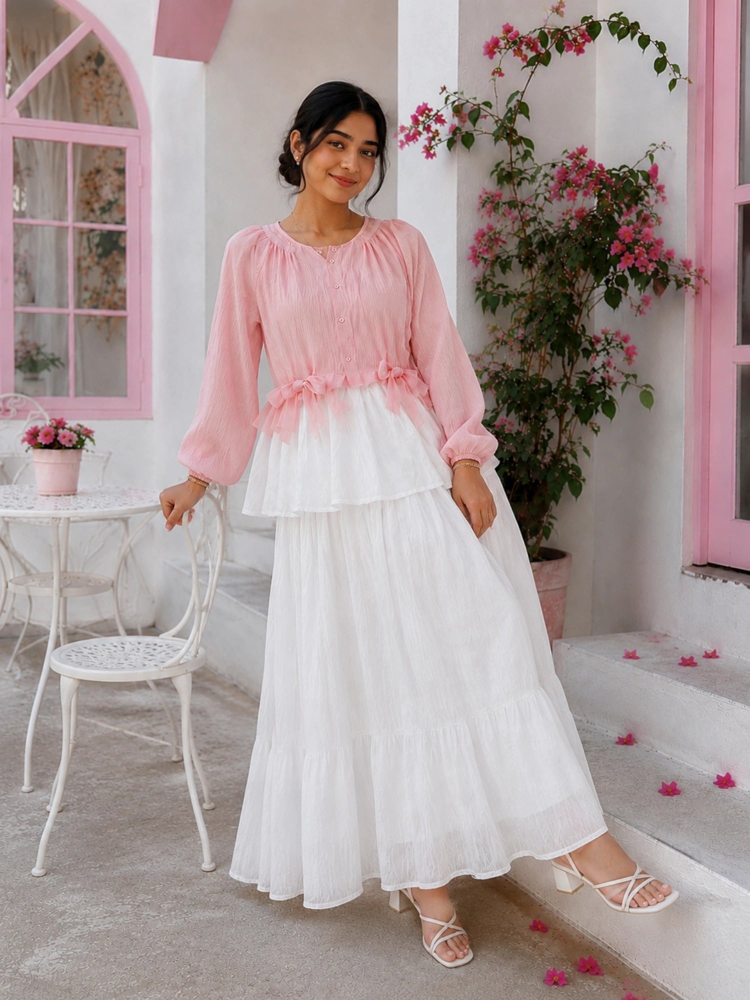 Yezwe Coral Crush Pink & White Pinterest-Inspired Skirt & Top Set with flowy design and layered details