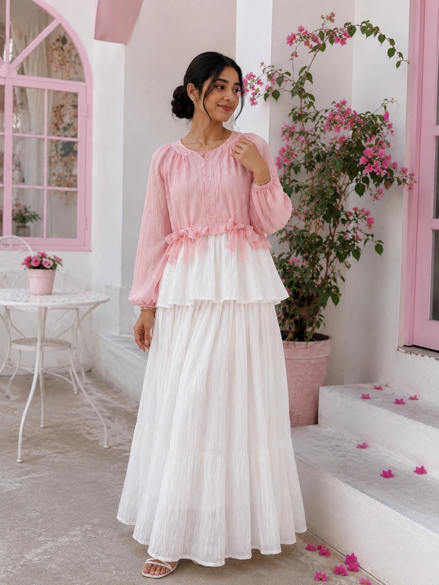 Yezwe Coral Crush Pink & White Pinterest-Inspired Skirt & Top Set featuring layered design and floral accents